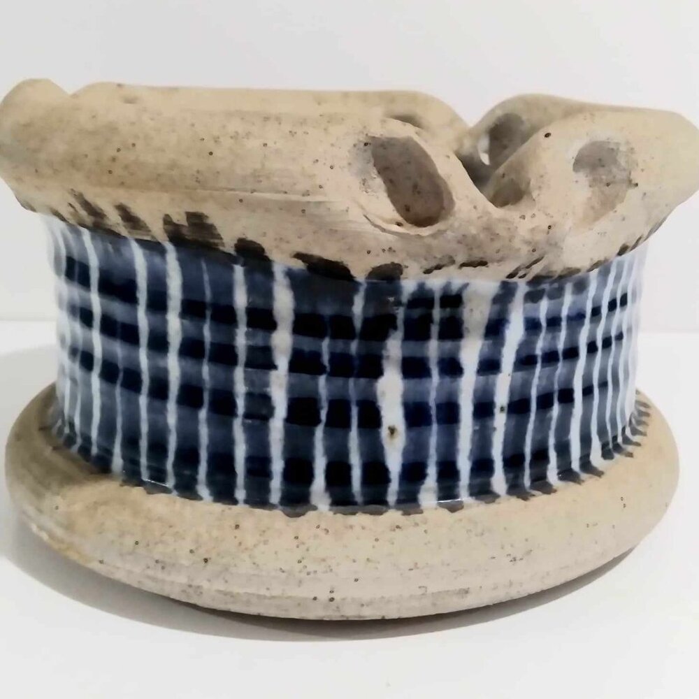 Potter Dish Ashtray Blue White Checkered Stripe Unqiqe Vintage